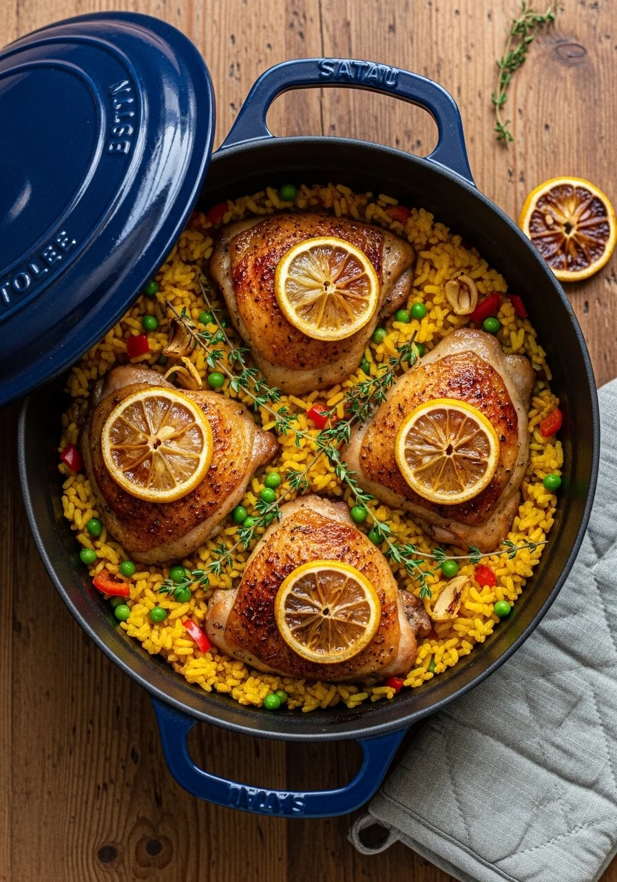 Baked lemon garlic chicken and yellow rice in a Dutch oven with caramelized lemon slices and fresh thyme
