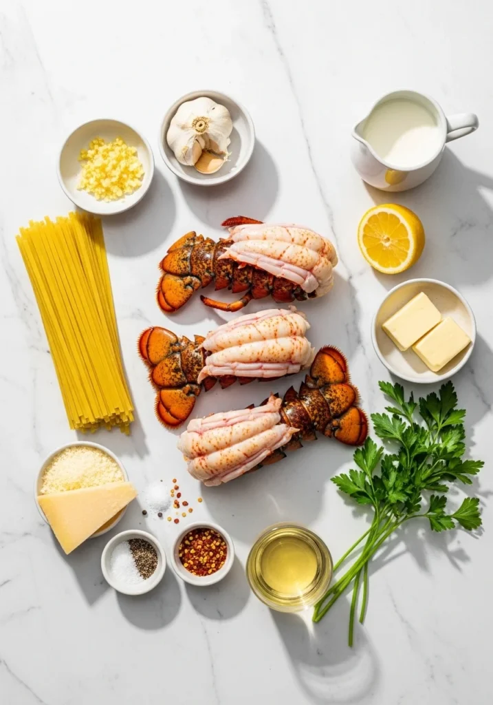 Lobster pasta recipe ingredients including lobster tails, linguine, garlic, cream, lemon, butter, and Parmesan on a marble surface