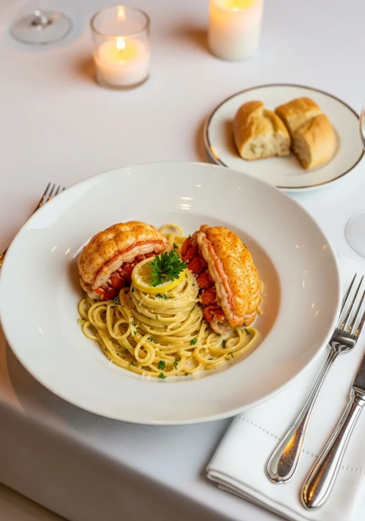 Overhead view of a single serving of creamy lobster pasta in a white bowl with lemon and Parmesan
