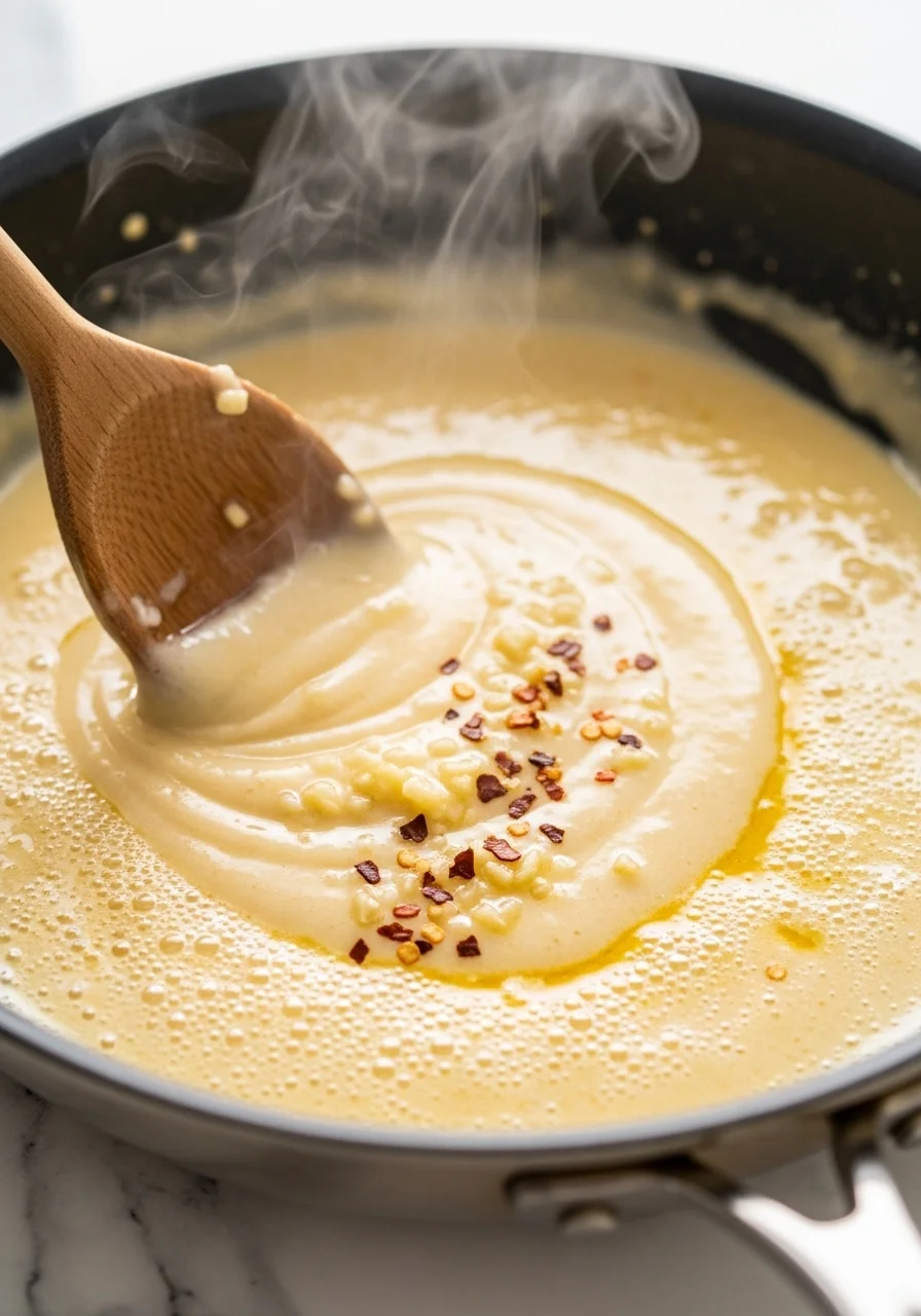 Creamy white wine garlic sauce being stirred in a pan for homemade lobster pasta cream sauce