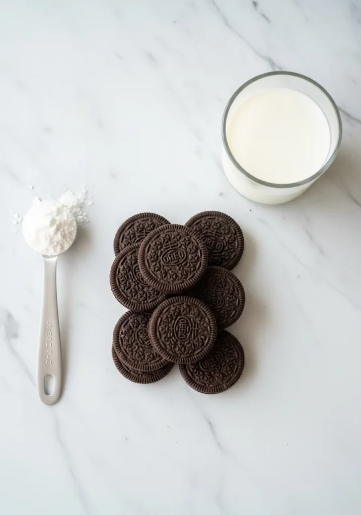 3 ingredient oreo mug cake ingredients flat lay with oreos milk and baking powder