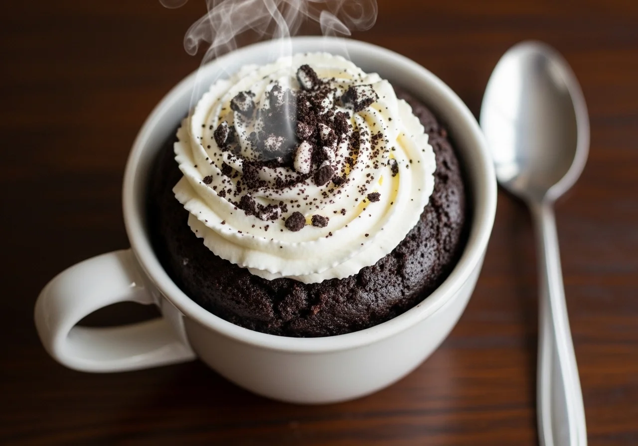 easy oreo mug cake recipe in a white mug topped with whipped cream