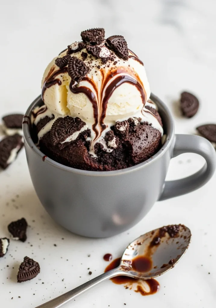 oreo mug cake topped with vanilla ice cream and chocolate drizzle on white marble