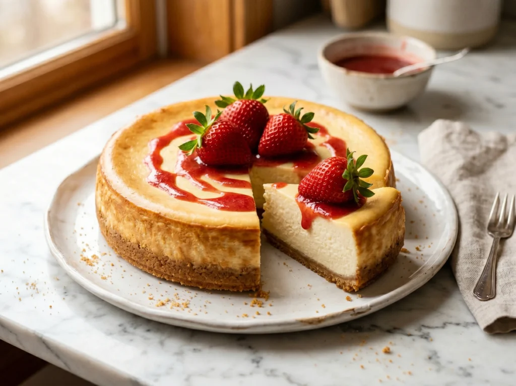 Philadelphia cream cheesecake recipe sliced on white plate with strawberry topping