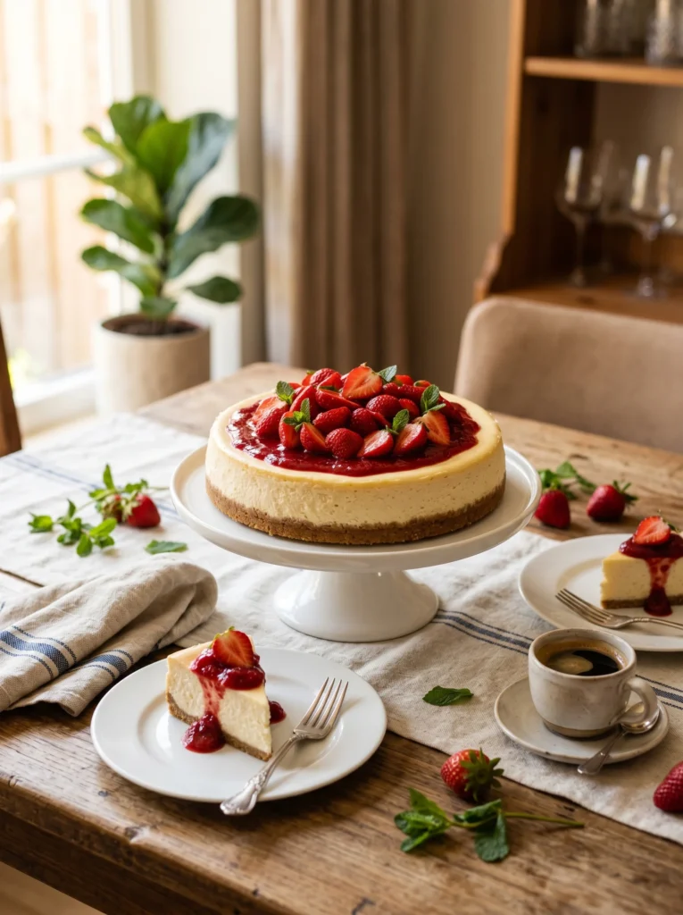 Philadelphia cream cheesecake on serving table with strawberry topping and coffee