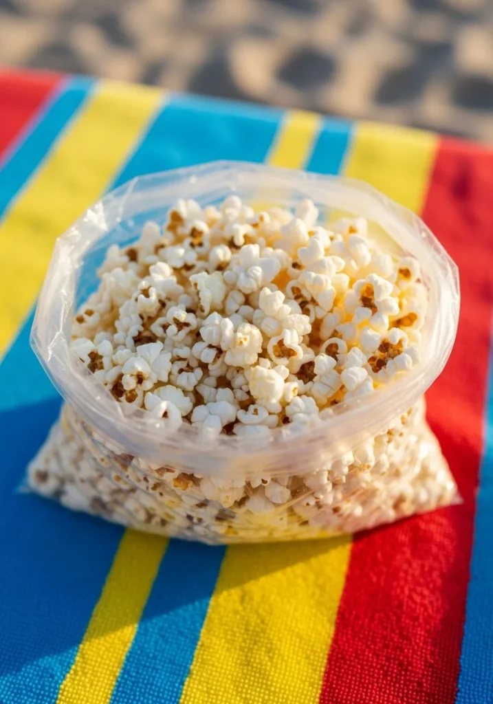 popcorn snack on beach towel