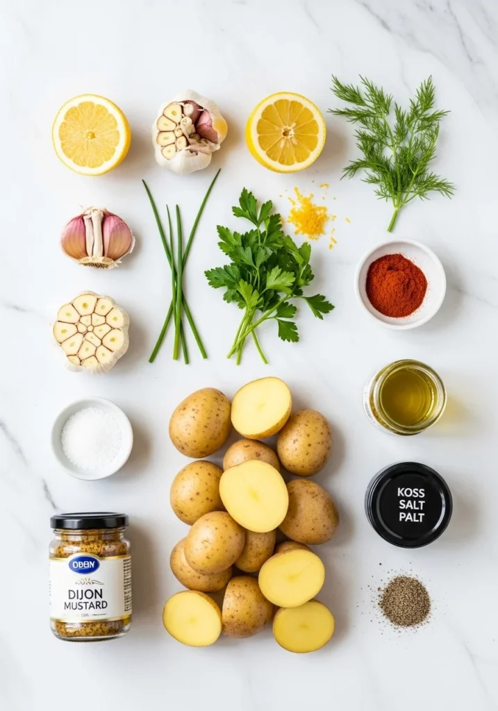 Garlicky roasted potato salad ingredients: Yukon Gold potatoes, garlic cloves, fresh herbs, lemon and olive oil on marble