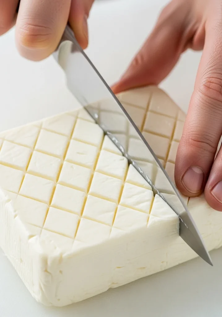Close up of scored cream cheese.