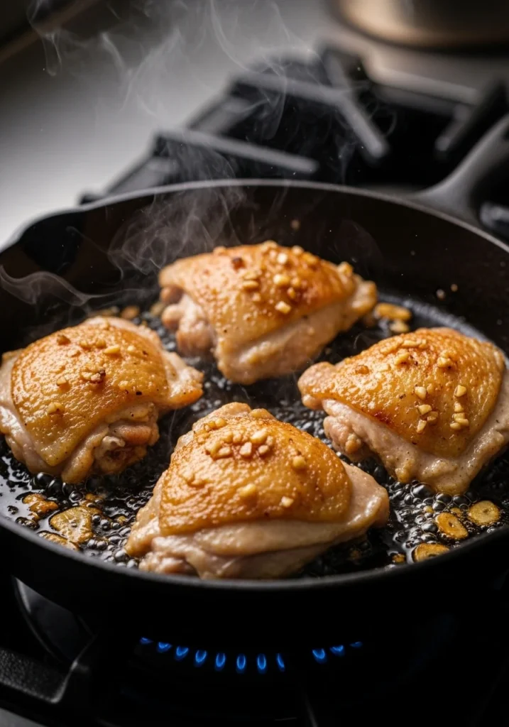 Garlic chicken thighs searing skin-side down in a hot cast iron skillet with golden crispy skin and sizzling garlic