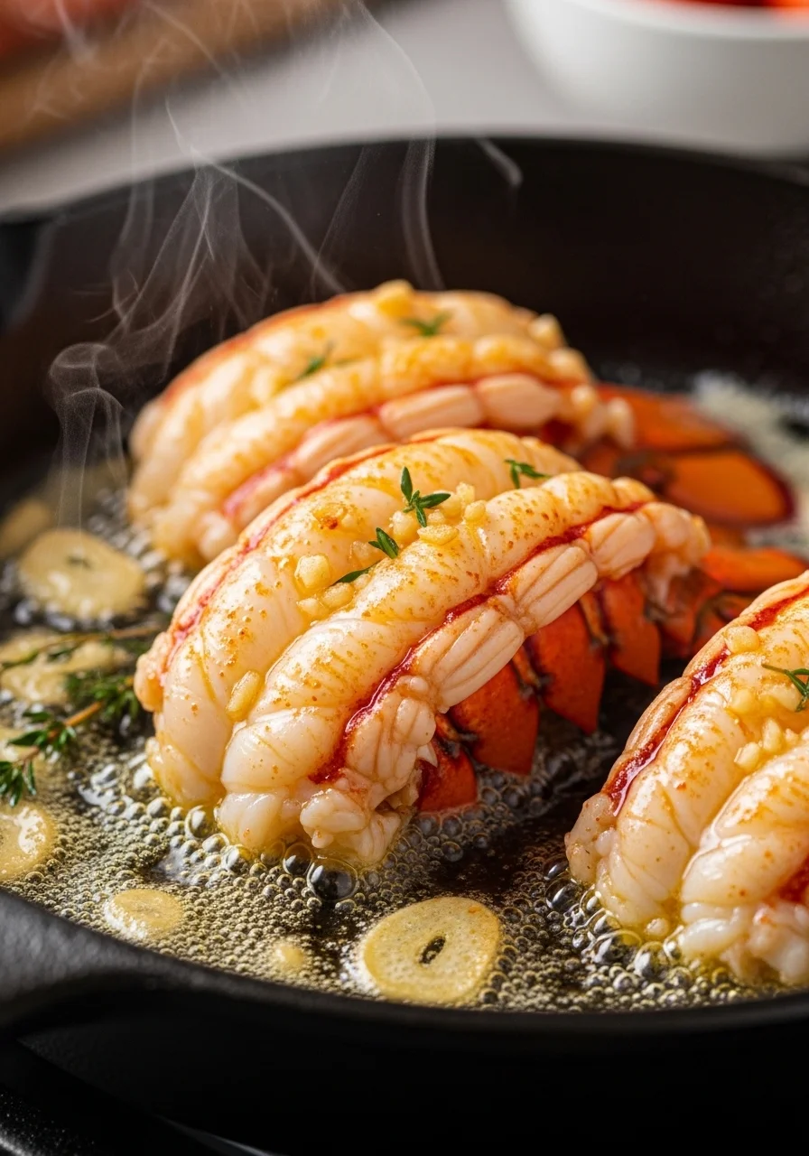 Butterflied lobster tail being seared in garlic butter in a cast iron skillet for lobster pasta