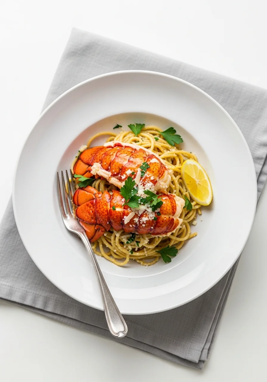 Creamy lobster pasta served on an elegant dinner table with white wine and crusty bread for a date night dinner