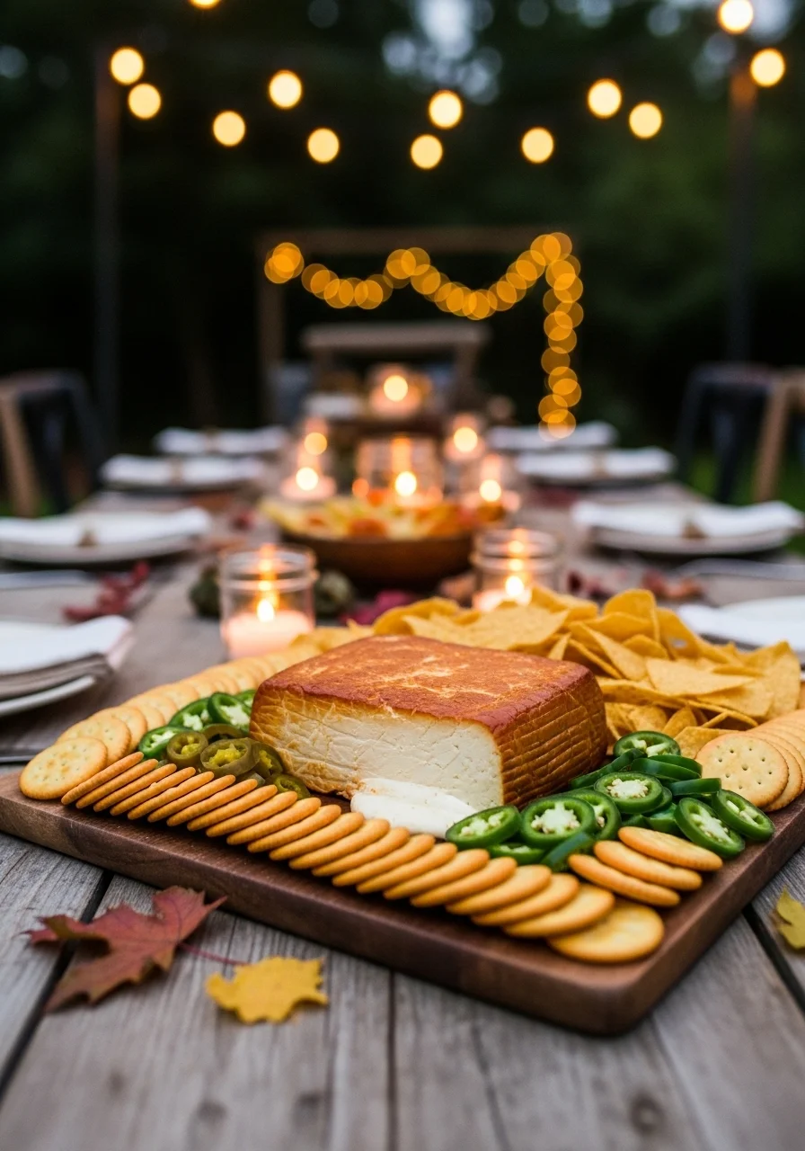 Smoked cream cheese on a wood board.