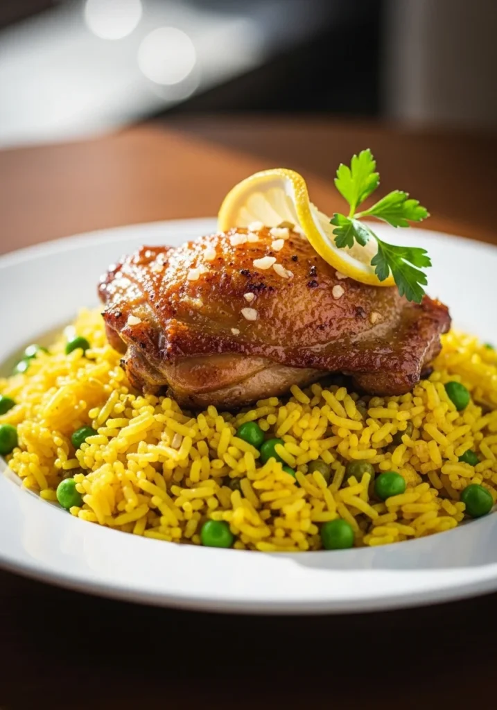 Plated garlic chicken thigh with crispy skin served over fluffy yellow rice with green peas and lemon