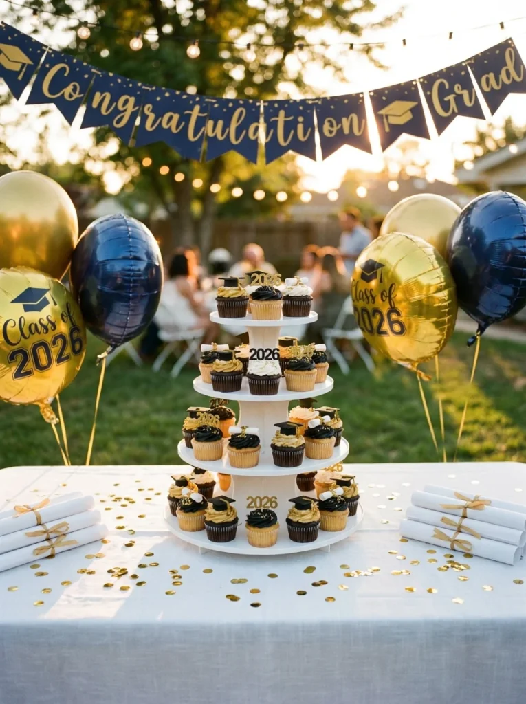 graduation party dessert table with black and gold cupcakes and class of 2026 balloons