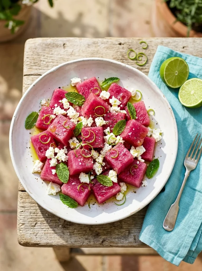 Watermelon feta mint summer salad on a white plate with lime and olive oil drizzle