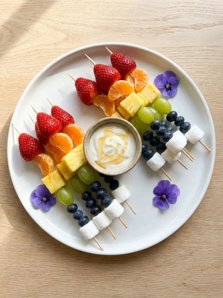 Rainbow fruit skewers whimsy food idea for kids on white plate
