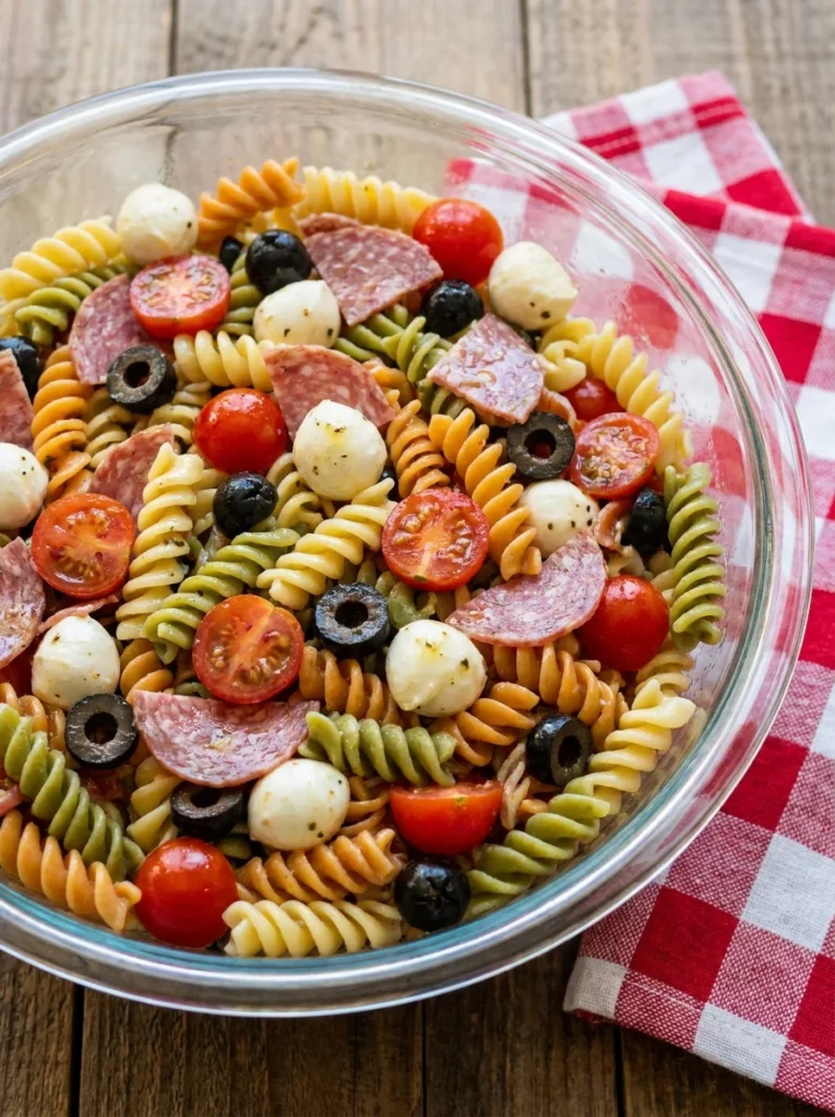 classic Italian pasta salad with salami and mozzarella in a glass bowl