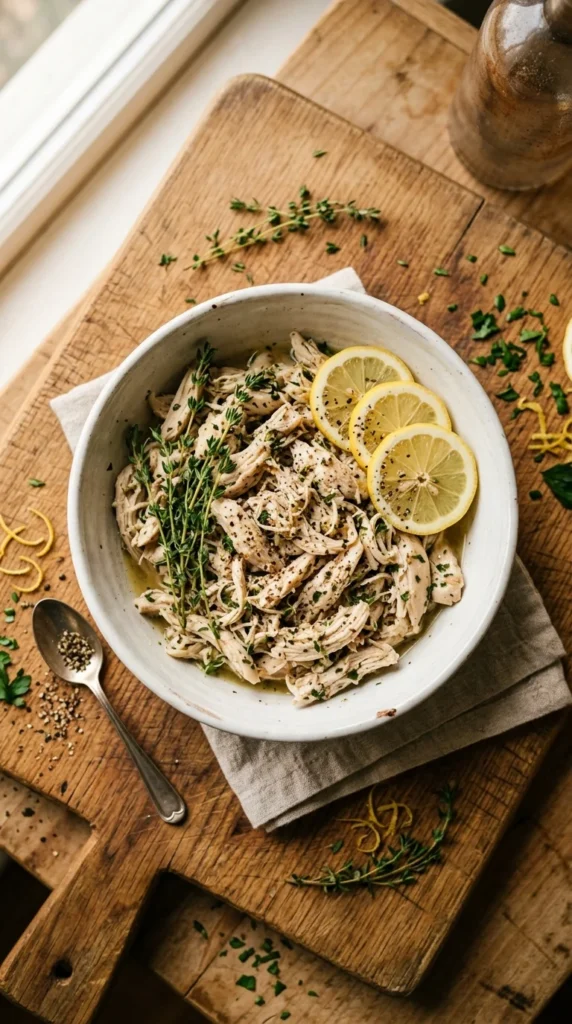 shredded lemon herb chicken in white bowl — easy summer crockpot chicken recipe