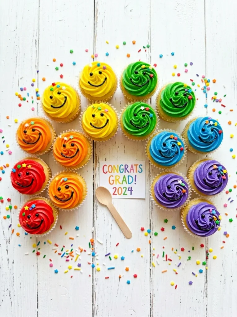 colorful kindergarten graduation cupcakes with rainbow buttercream and smiley faces