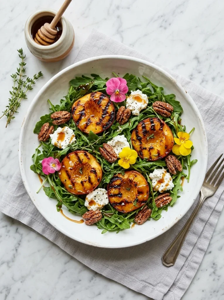 Grilled peach arugula salad with goat cheese, candied pecans, and balsamic drizzle in a white bowl