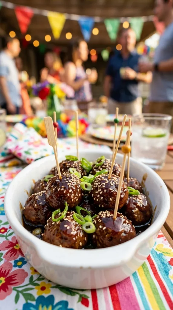 crockpot teriyaki meatballs glazed with sesame seeds at summer party — easy summer crockpot meals appetizer