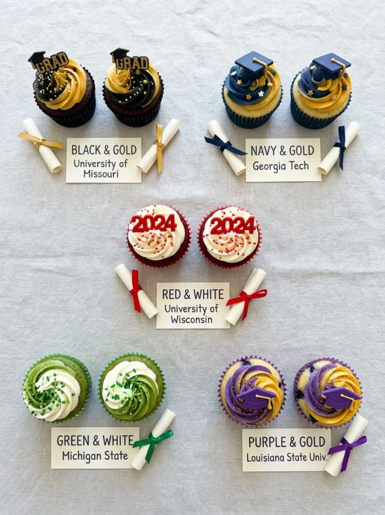 graduation cupcakes in five different school color combinations including black gold and navy