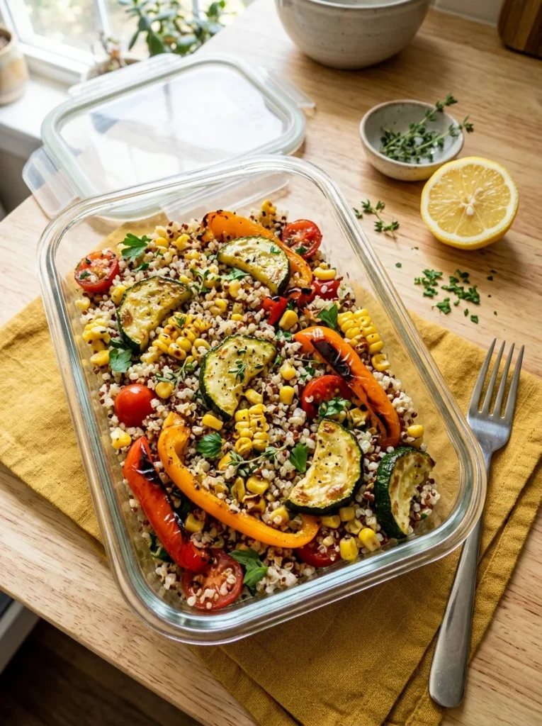 Quinoa roasted veggie summer salad in a glass meal prep container with zucchini and bell peppers