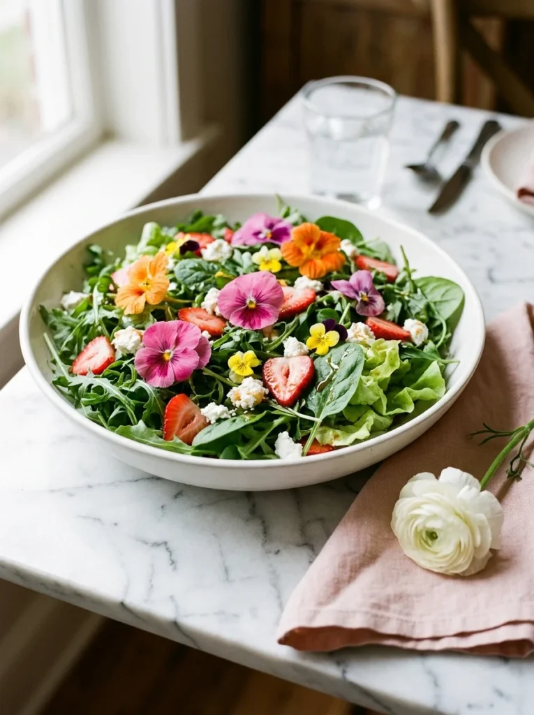 Edible flower salad whimsy food for baby shower elegant table