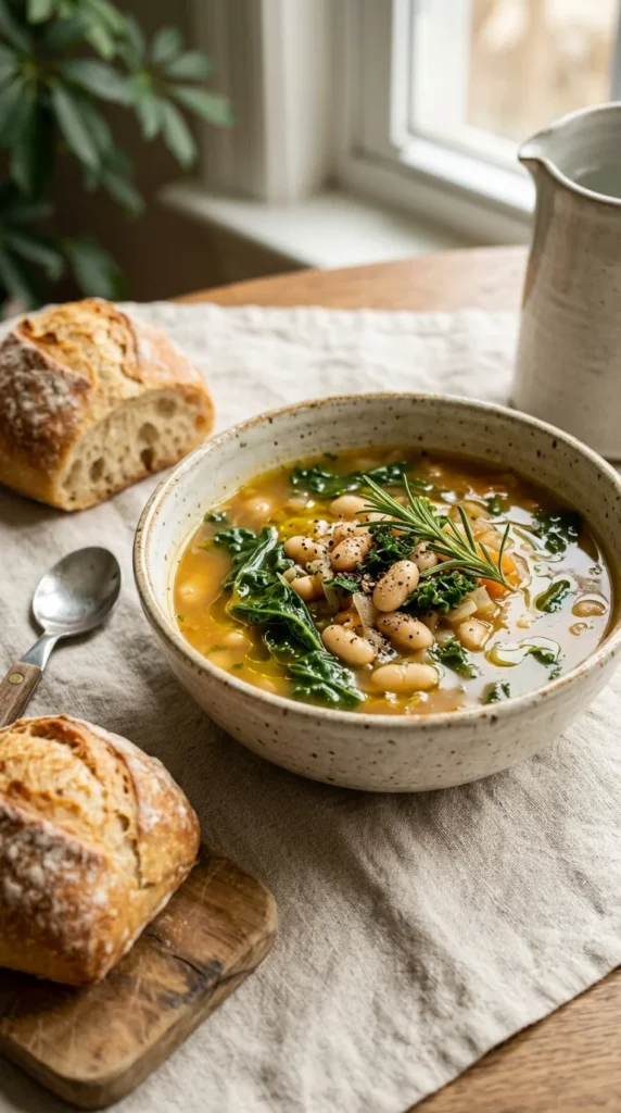slow cooker white bean and kale stew in ceramic bowl — healthy summer crockpot recipes low calorie
