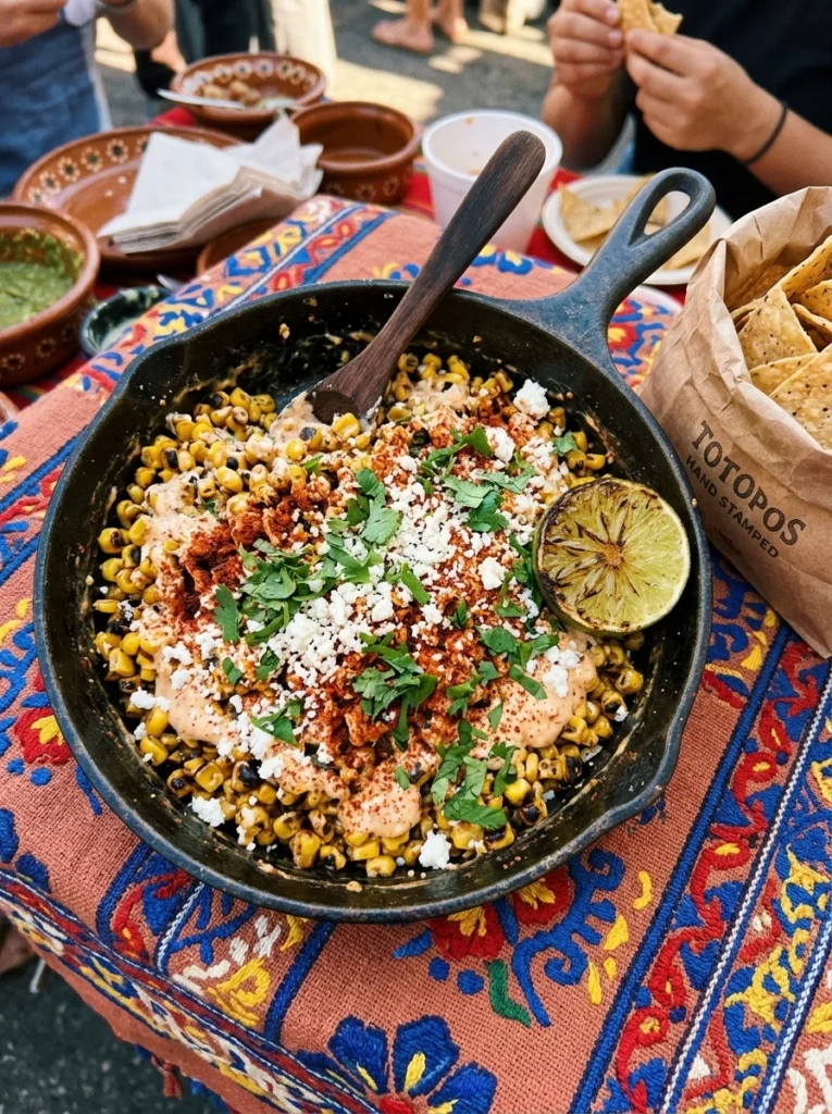 Esquites Mexican street corn salad in a cast iron skillet with cotija cheese, chili, and cilantro