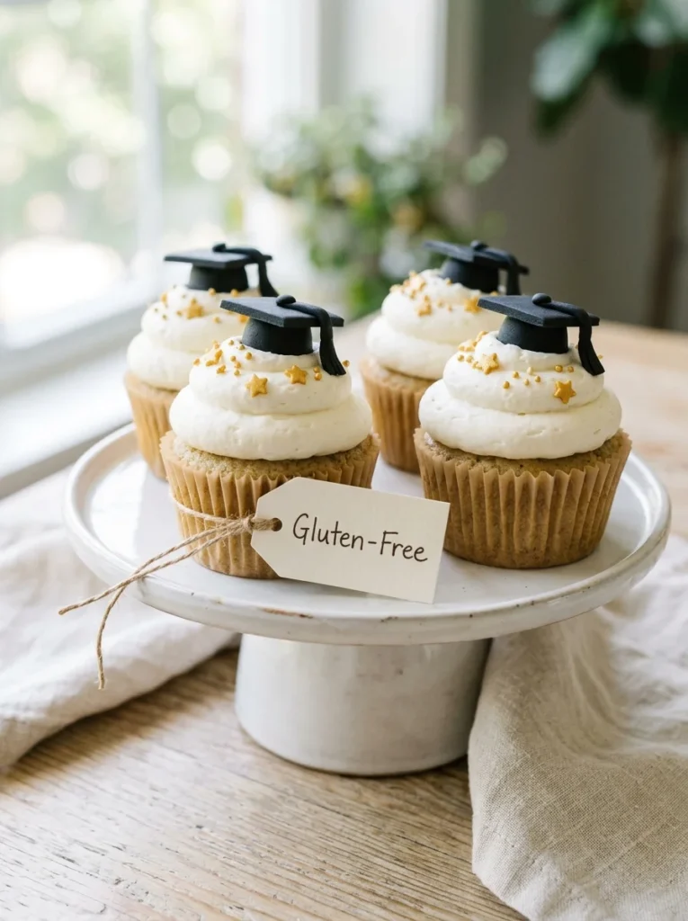 gluten-free graduation cupcakes with white buttercream and fondant cap topper
