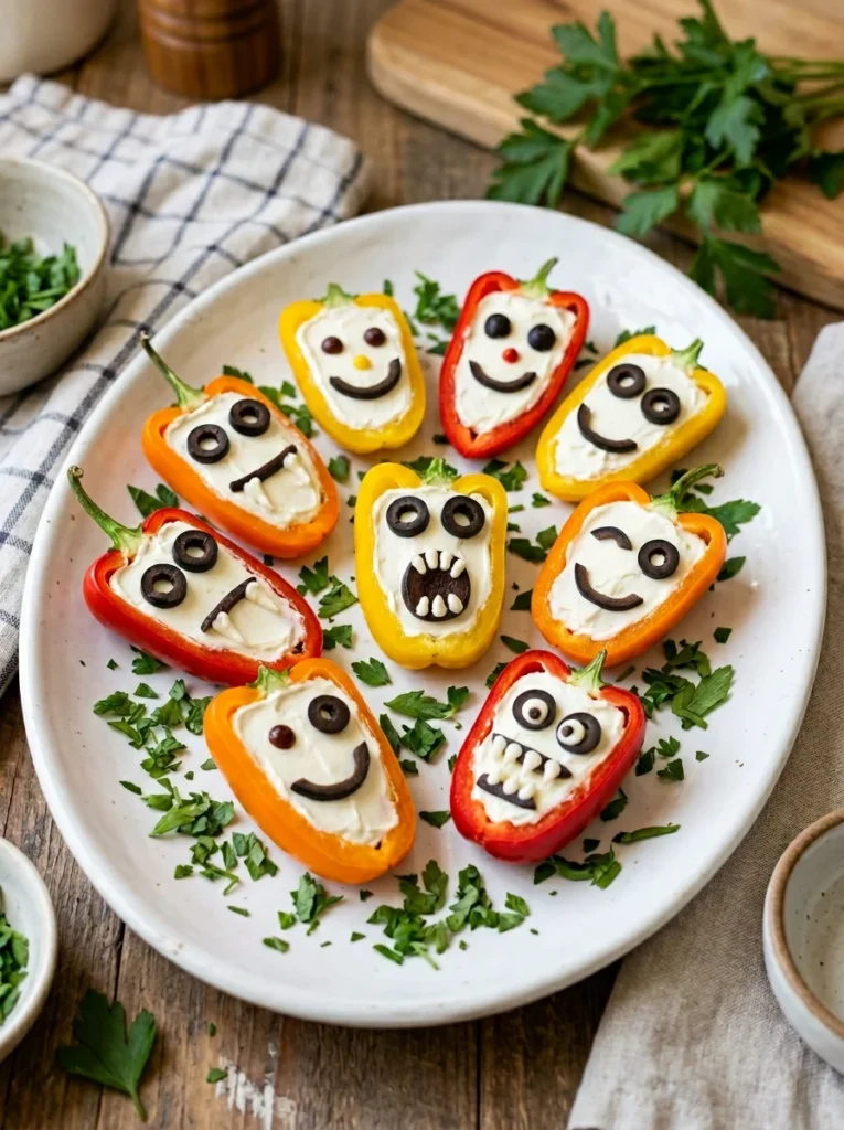 Monster pepper poppers whimsy food party snack for kids with olive eyes