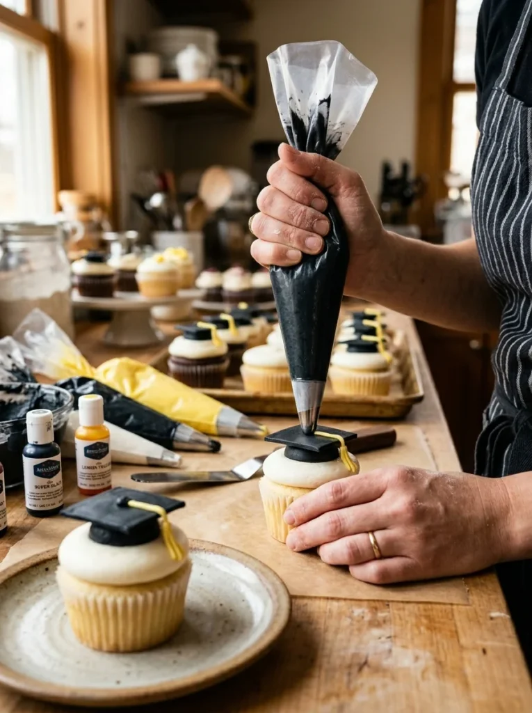 piping graduation cap and tassel frosting directly onto cupcake with black buttercream