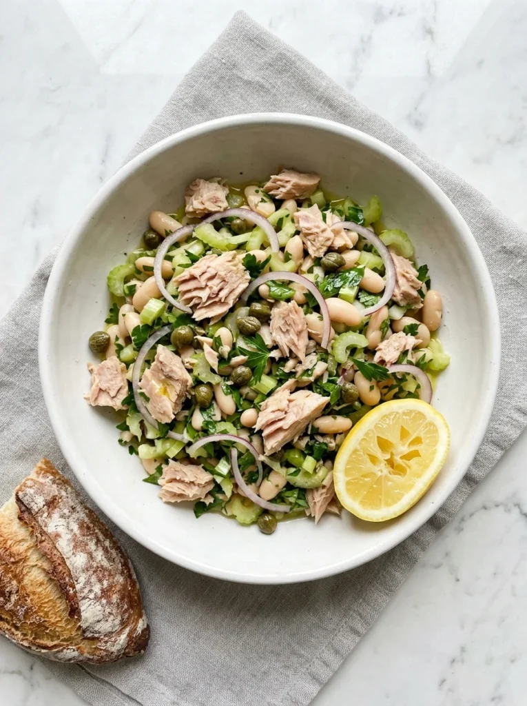 Tuna white bean salad with capers, celery, parsley, and lemon in a white bowl