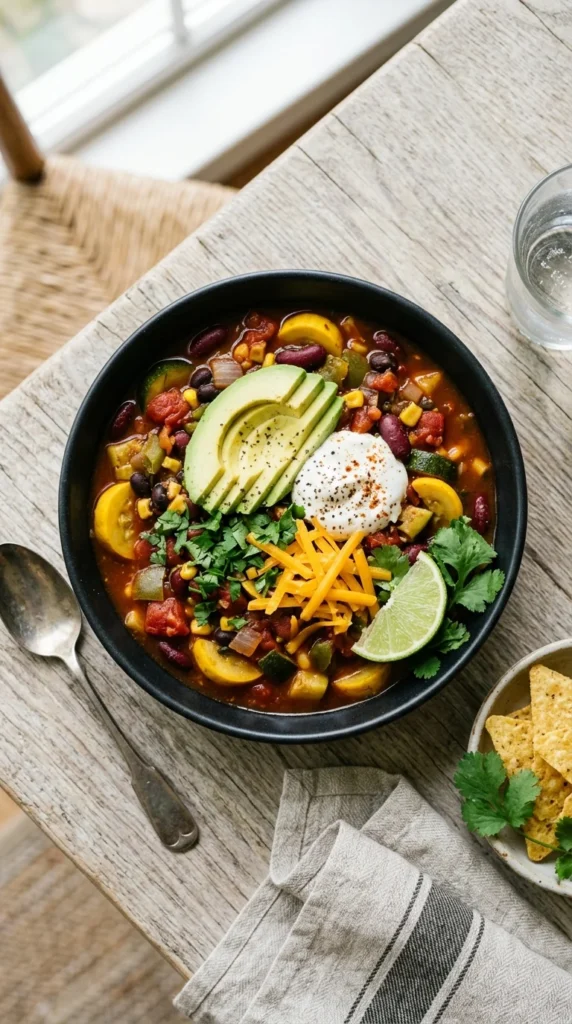 vegetarian crockpot summer squash chili in black bowl with avocado — vegetarian crockpot recipes for summer