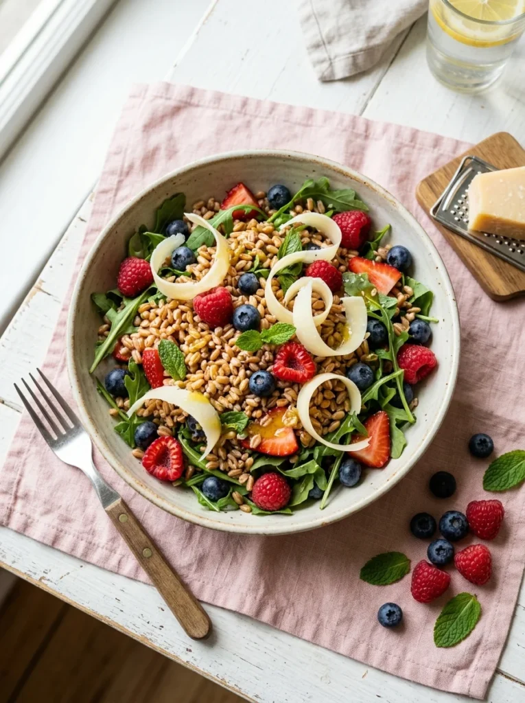 Berry farro grain summer salad with blueberries, raspberries, arugula, and parmesan in a wide bowl