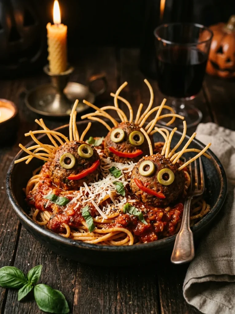 Spaghetti eyeball meatballs Halloween whimsy food holiday dinner