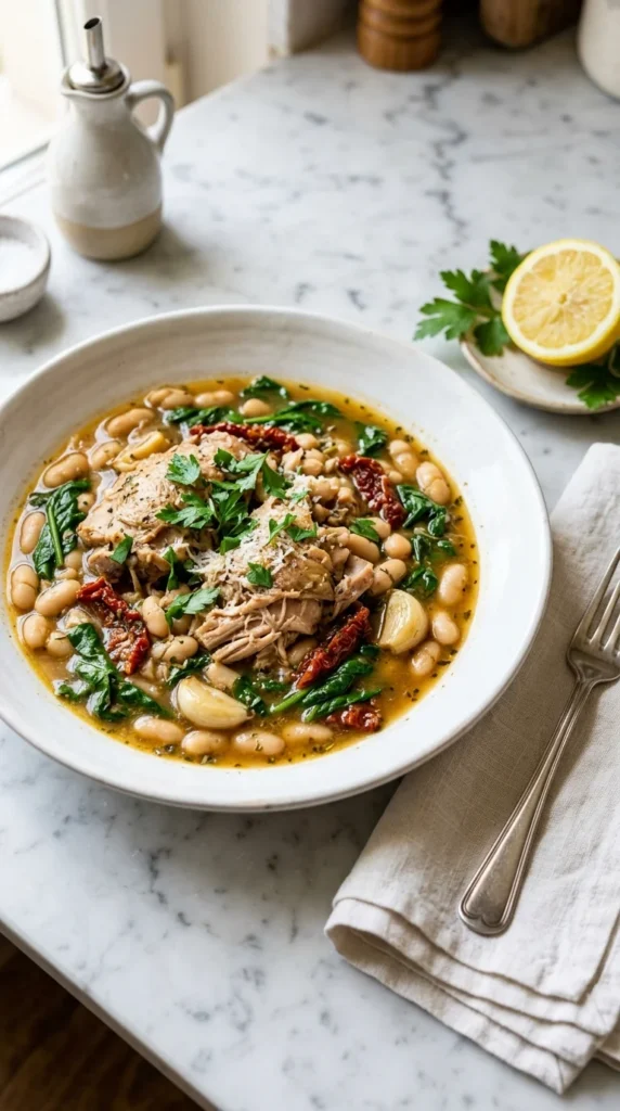 slow cooker Tuscan white bean chicken with spinach and sun-dried tomatoes — light slow cooker recipes for summer evenings