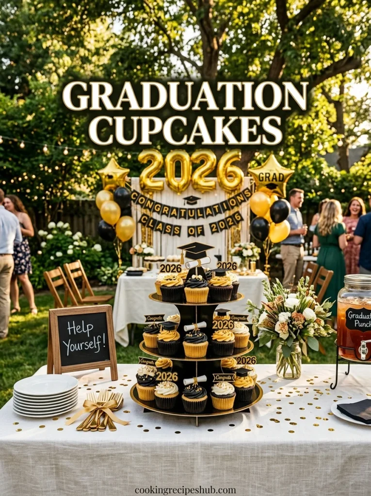 graduation cupcakes on outdoor party serving table with class of 2026 balloons and gold decor