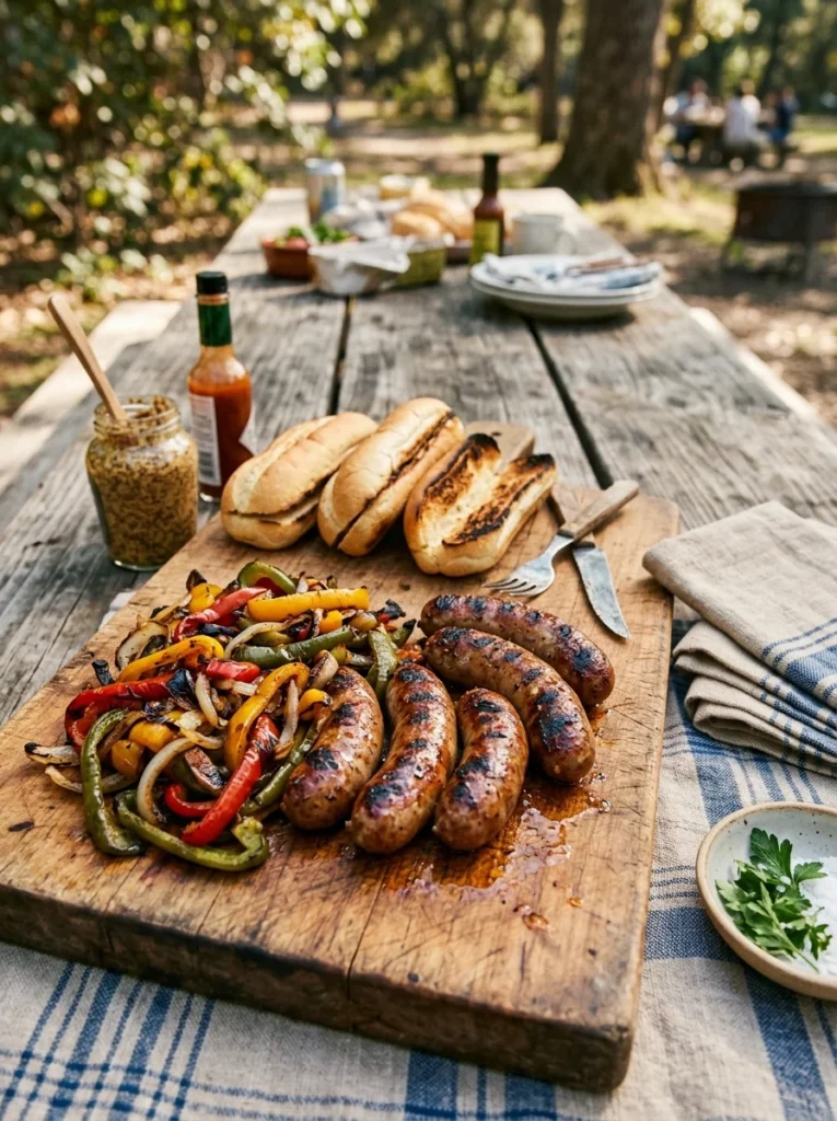 grilled sausages charred peppers onions budget friendly summer dinner