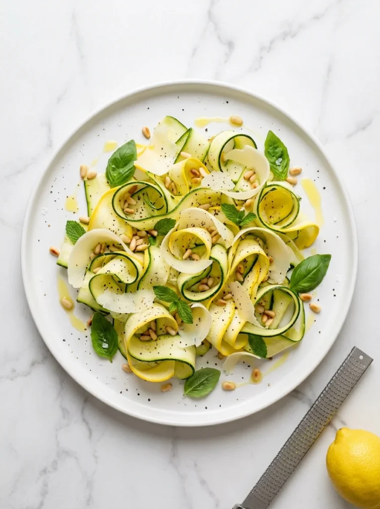 Shaved zucchini ribbon salad with pine nuts, parmesan, and fresh herbs on a white platter
