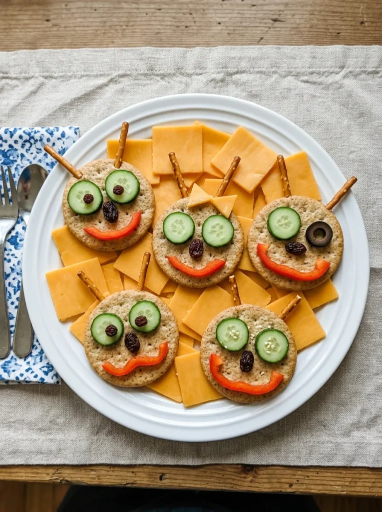 Cheese cracker face DIY whimsy food fun food project for kids
