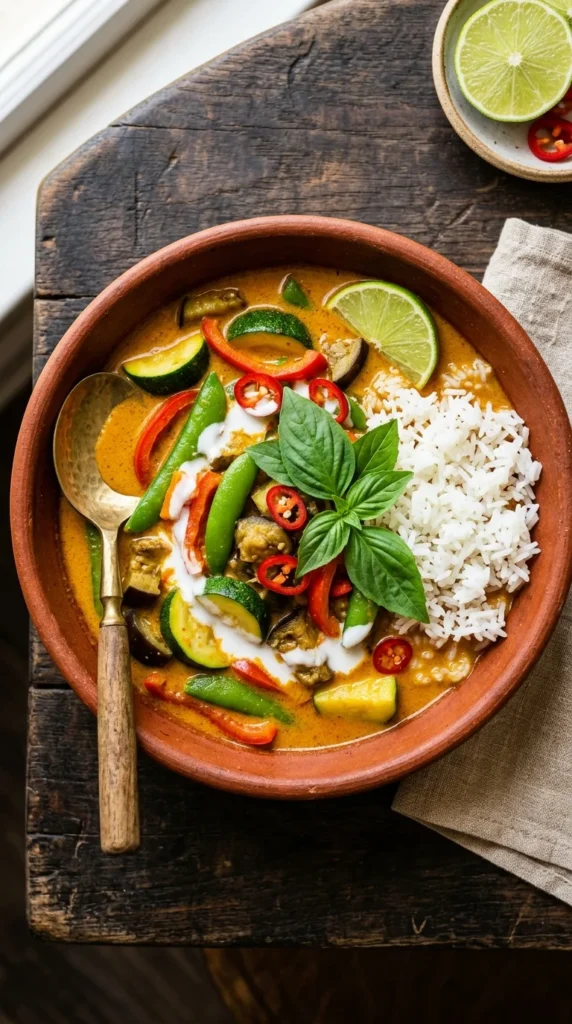 vegan slow cooker coconut curry with summer vegetables zucchini snap peas — vegan slow cooker summer meals