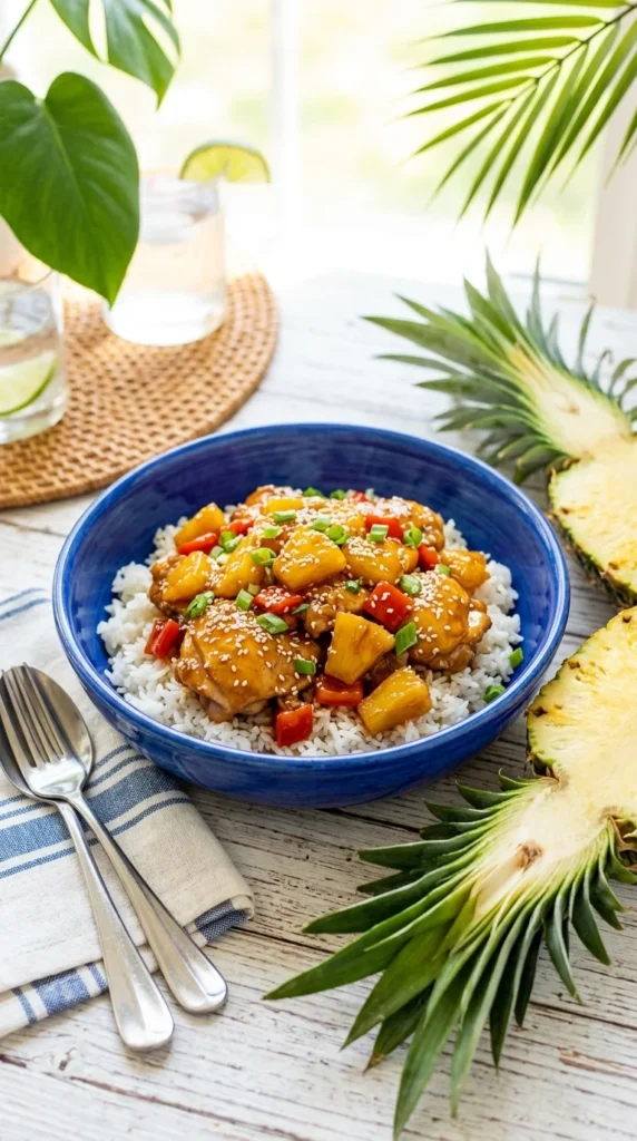 slow cooker pineapple chicken over rice in blue bowl — summer crockpot recipes tropical easy dinner