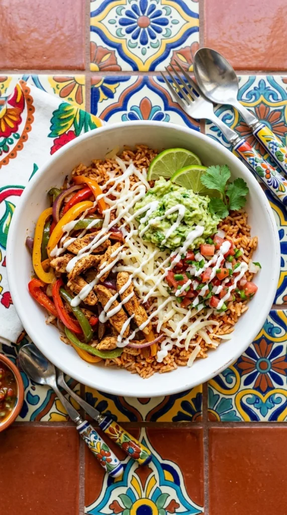 colorful crockpot chicken fajita bowl with peppers guacamole and pico — dump and go crockpot recipes summer