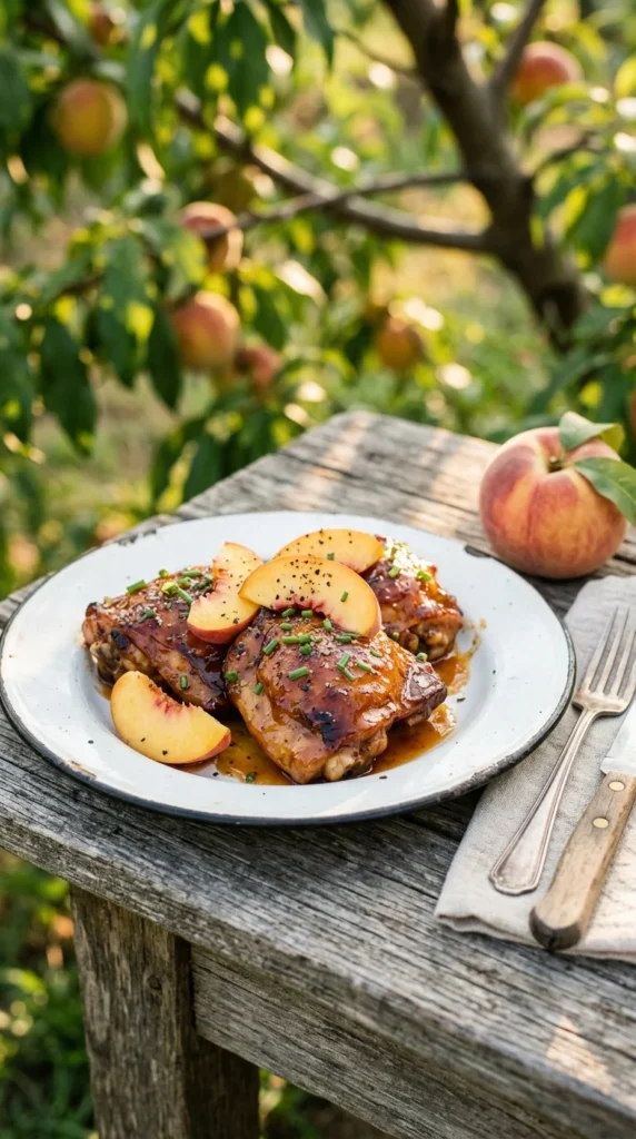 slow cooker peach BBQ chicken with fresh peach slices on enamel plate — summer crockpot recipes seasonal fruit