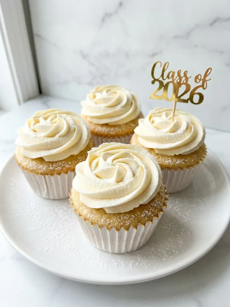 classic vanilla graduation cupcakes with ivory buttercream swirl and gold topper