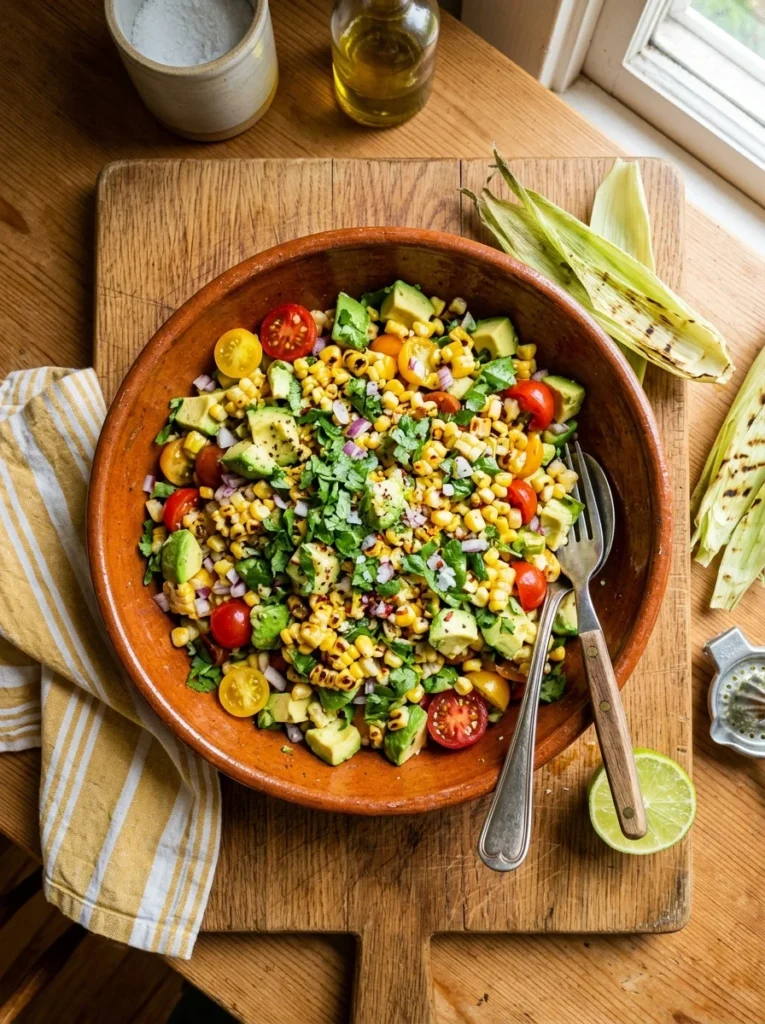 Corn and avocado summer salad in a terracotta bowl with lime, tomatoes, and cilantro