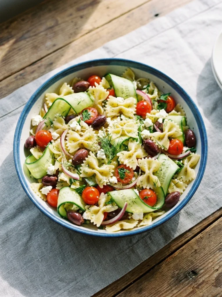 fresh Mediterranean summer pasta salad with feta and cucumber ribbons