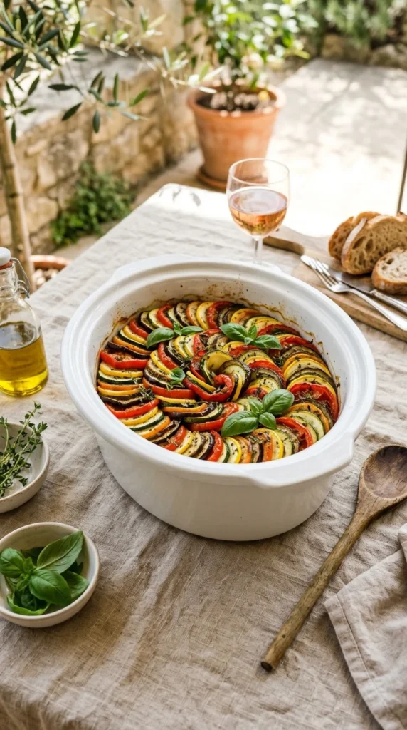 colorful slow cooker summer vegetable ratatouille with zucchini and tomatoes — crockpot recipes with summer vegetables
